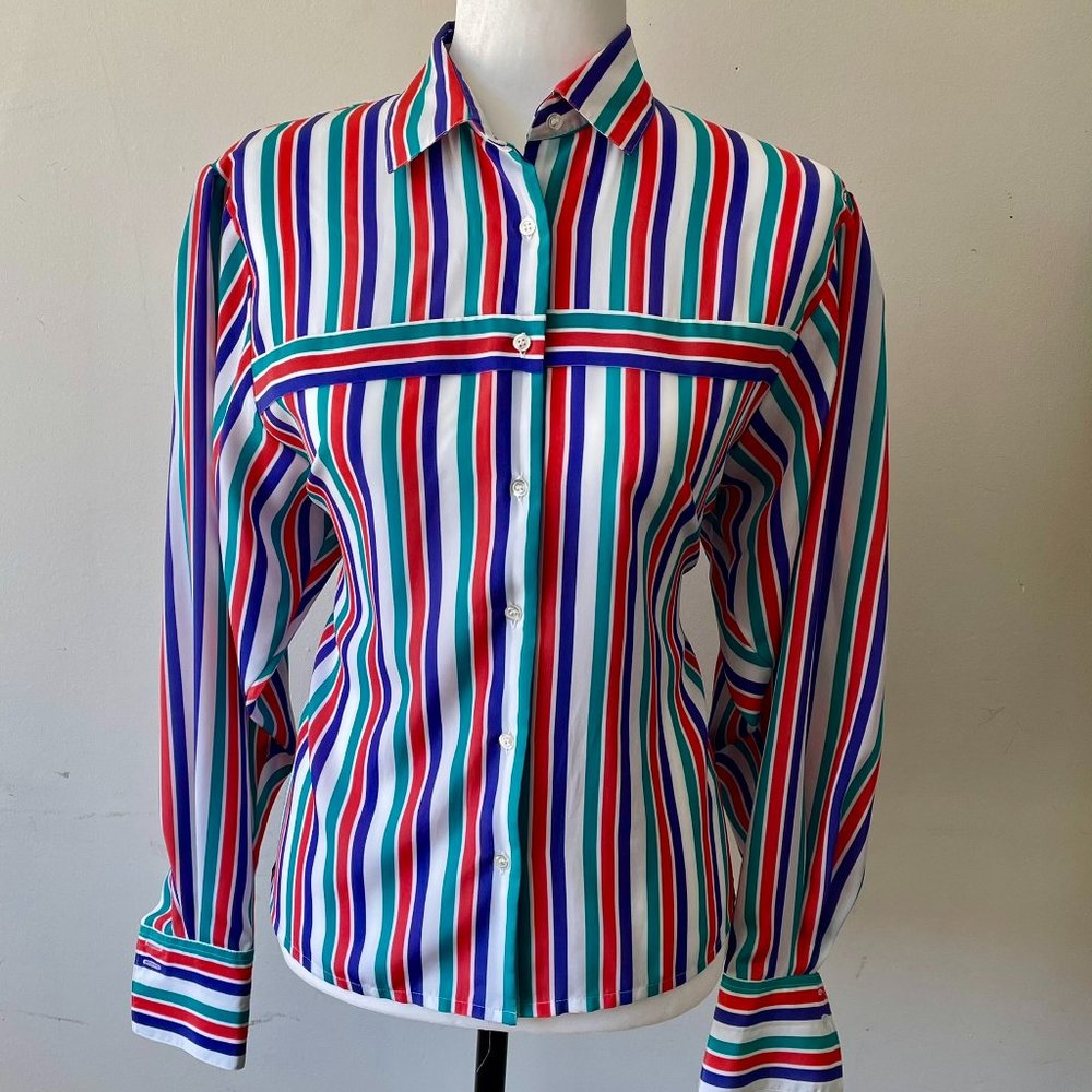 Vintage Ladies Jaeger Red Green Blue Striped Top Blouse Size Medium